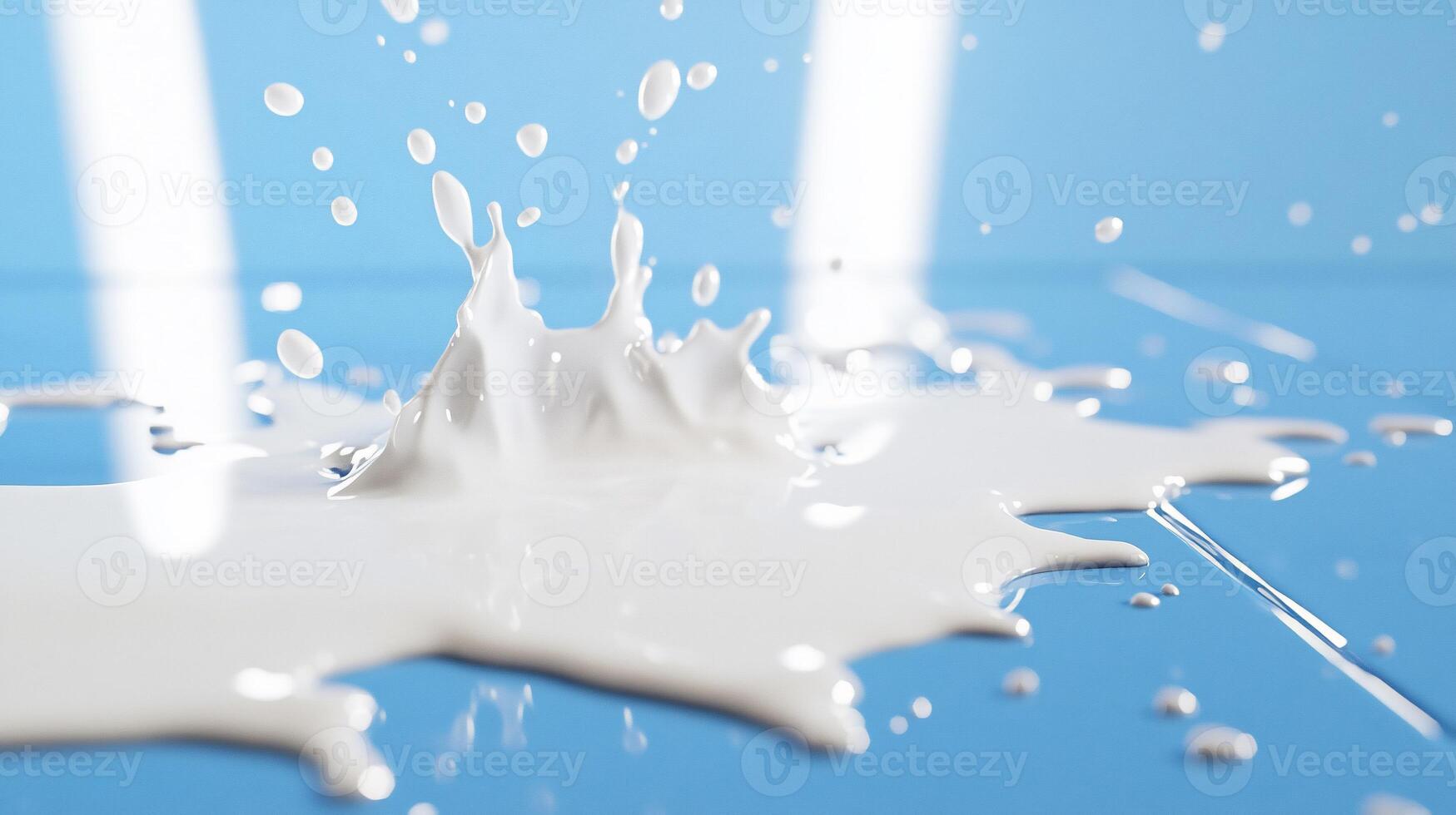 A splash of milk on a blue surface, capturing dynamic motion. photo