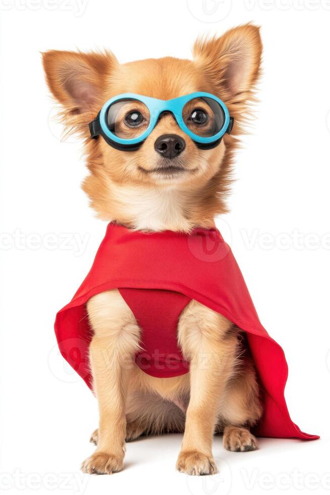 Comical superhero dog in a vibrant red cape and playful goggles striking a dramatic pose for fun and entertainment photo
