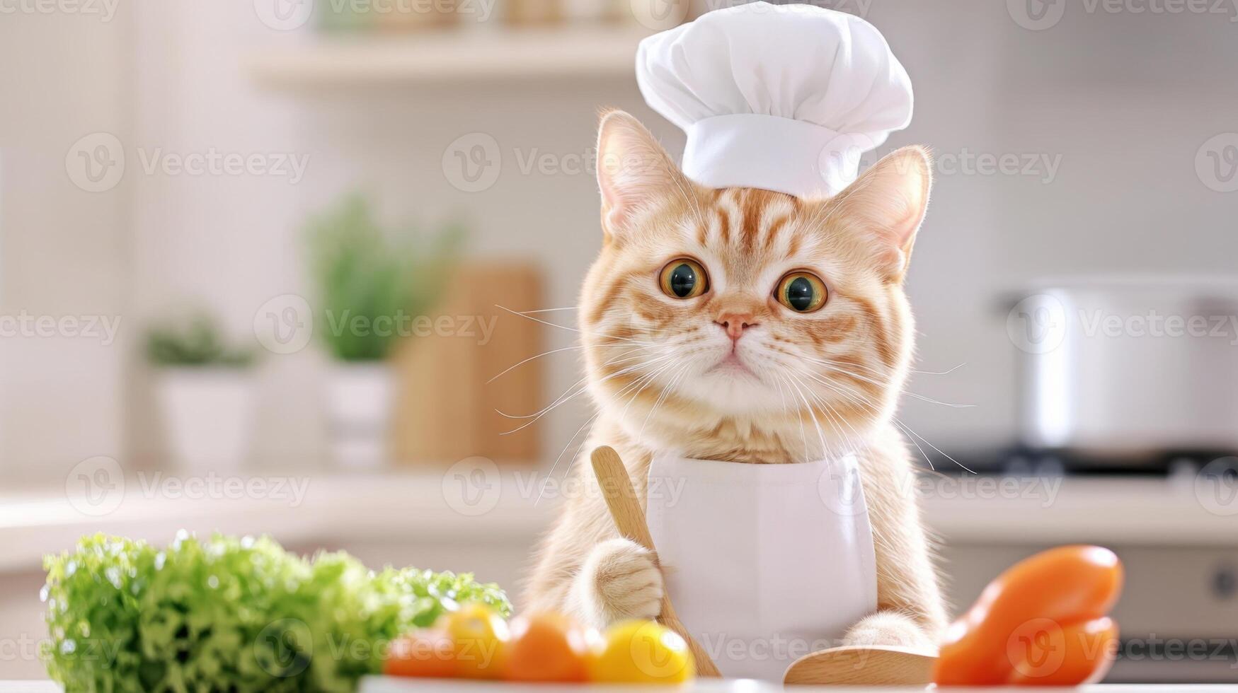 Cat chef in a kitchen prepares tiny vegetables with a wooden spoon while wearing a cute apron and chef hat photo
