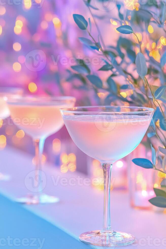 Futuristic garden party featuring elegant cocktails beneath glowing string lights in a vibrant and enchanting atmosphere photo