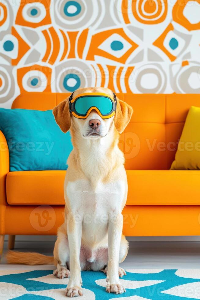 Dog wearing a cyberpunk visor sits in a retro 1970s room with colorful decor and unique wallpaper photo