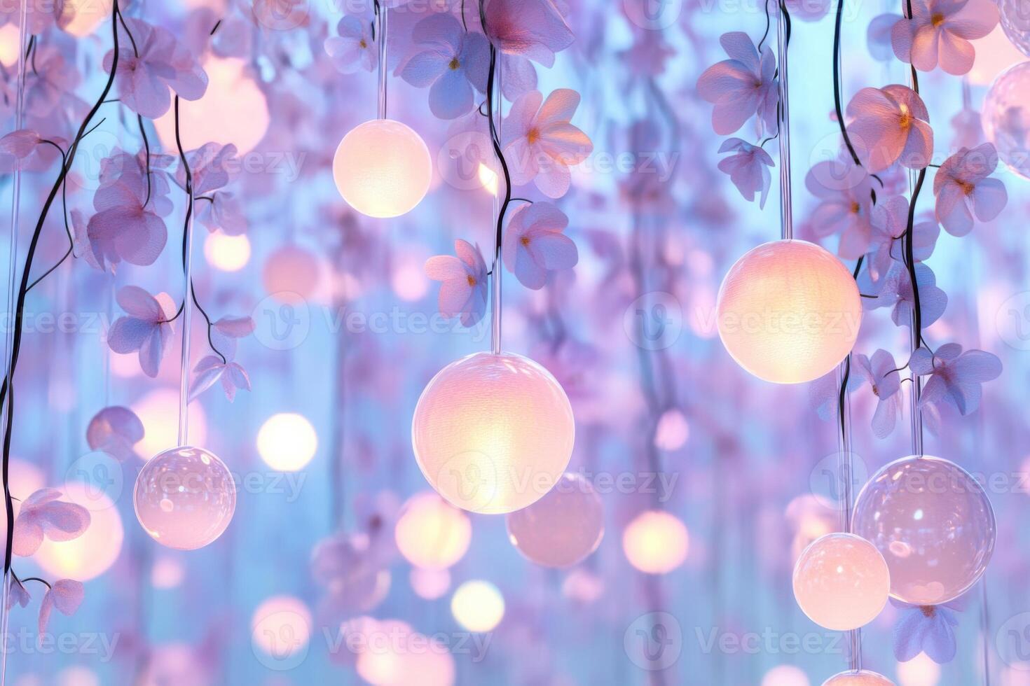 Immersive digital art installation featuring glowing orbs and holographic flowers in a vibrant setting photo