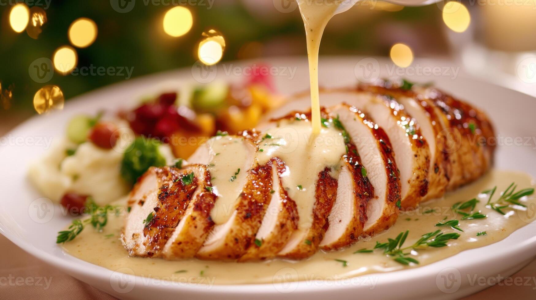 Rich golden-brown gravy being poured over slices of succulent roast turkey on a festive Thanksgiving table with hearty sides photo