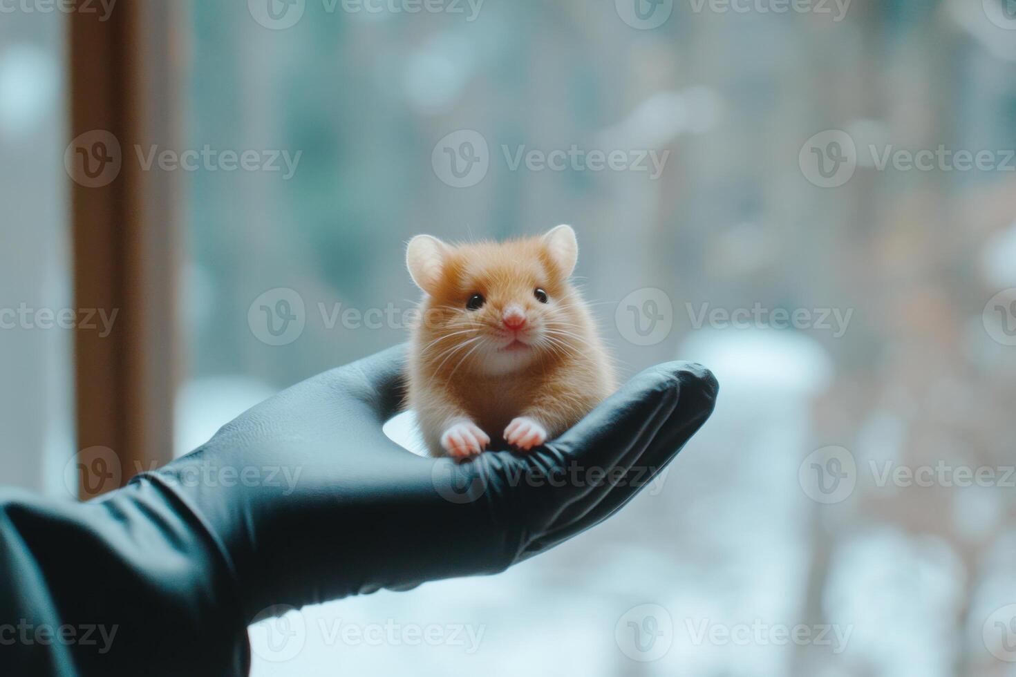 Mouse held in gloved hand for pharmacokinetic drug testing in preclinical trials in a laboratory setting photo