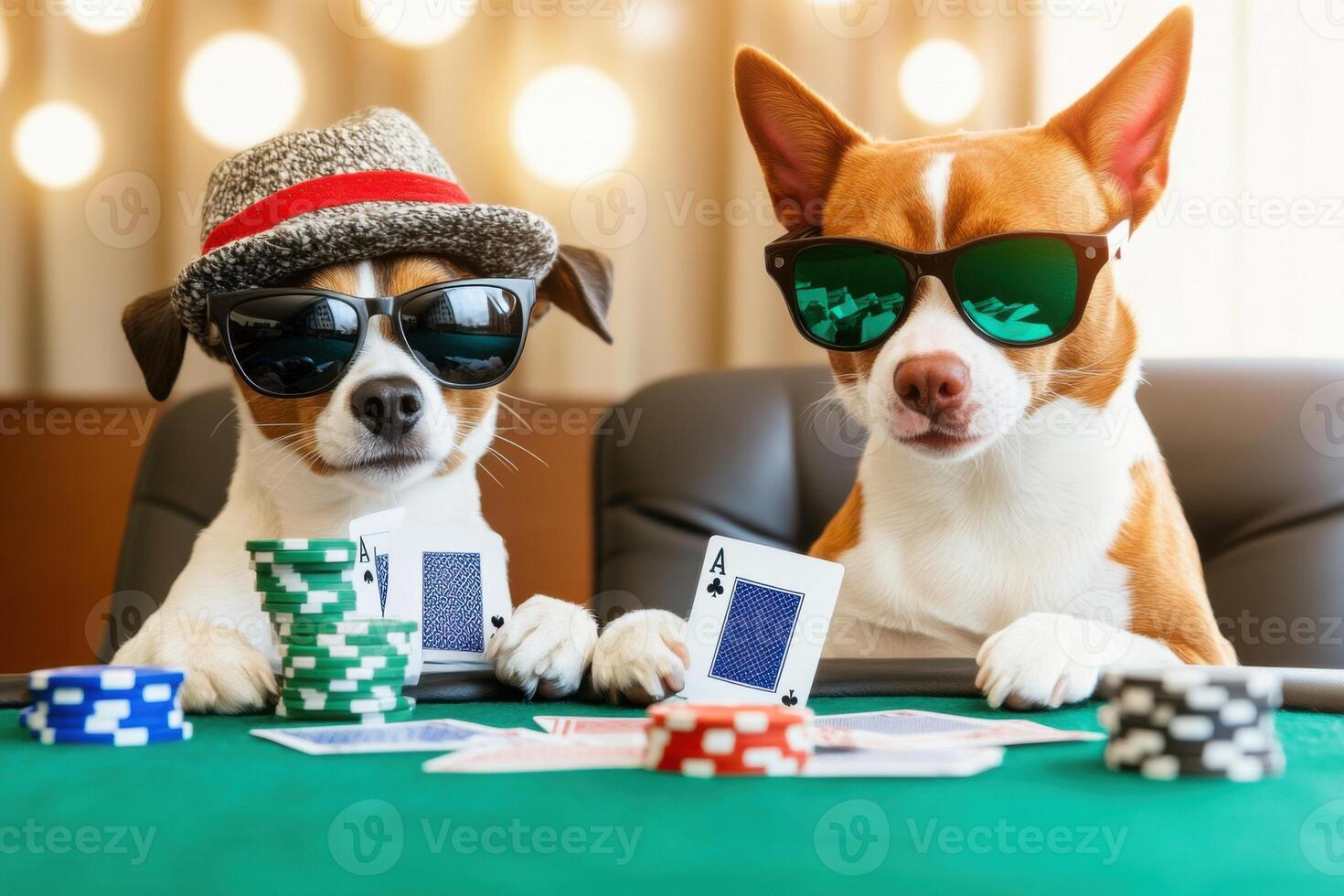 Dog and cat enjoy poker night at a table dressed in sunglasses and hats for a playful game of cards photo