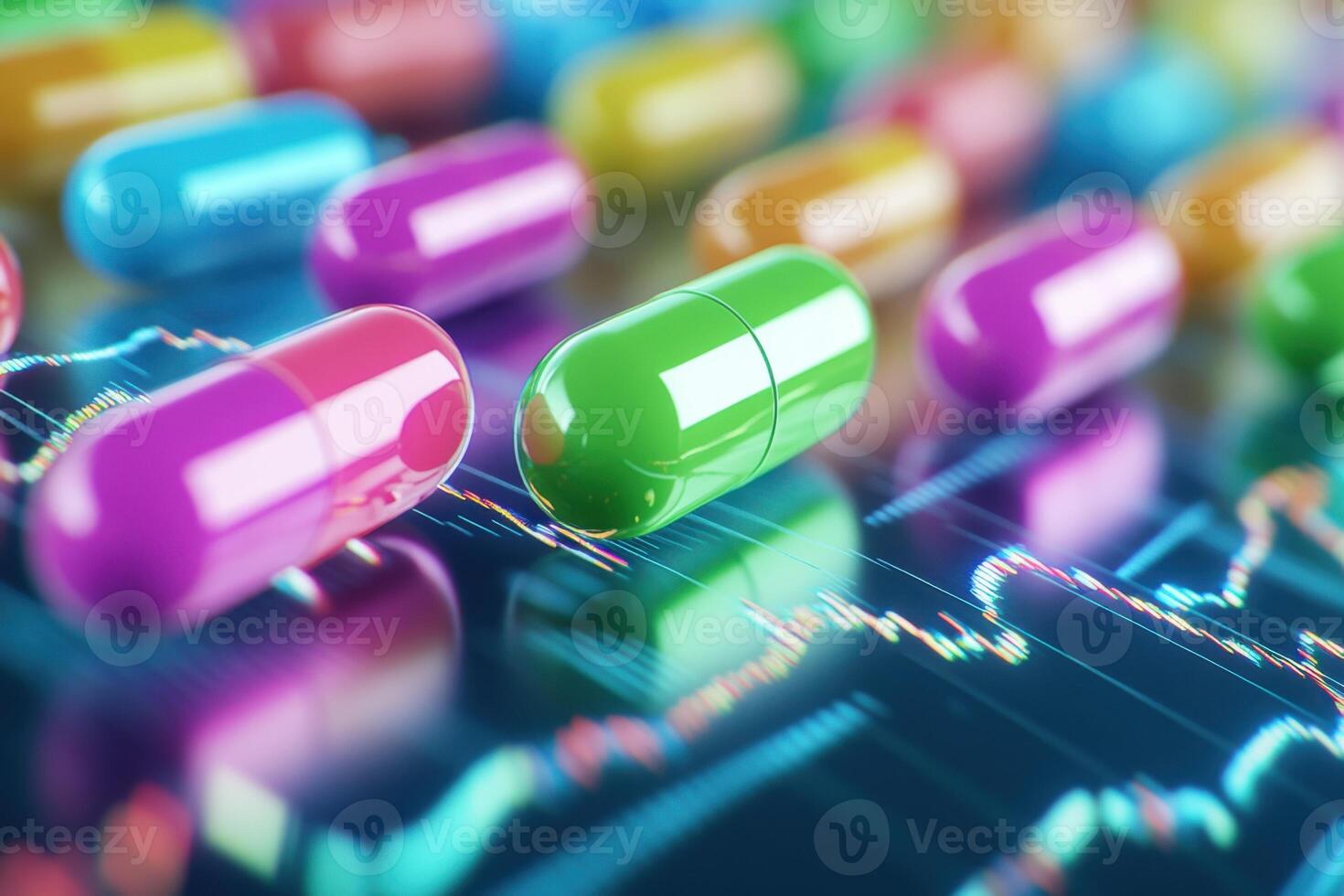 Colorful capsules and tablets on digital screen showcasing pharmacokinetics data and molecular pathways photo