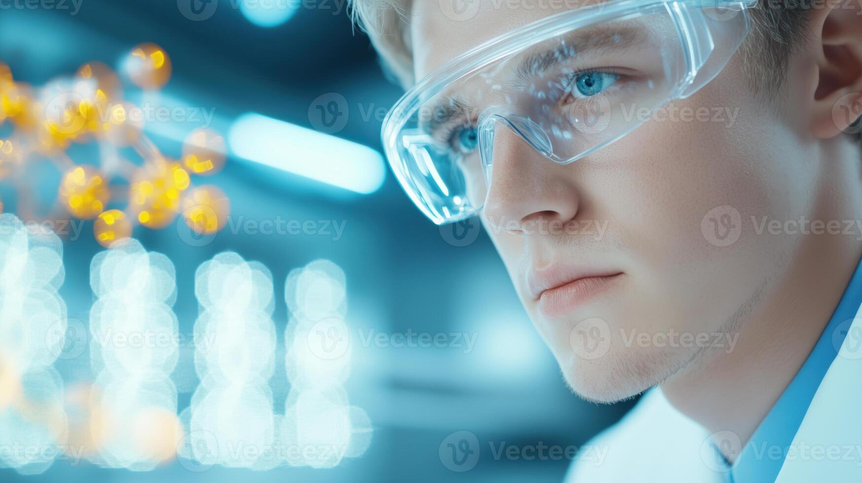 Scientist in futuristic laboratory uses augmented reality to analyze 3D pharmacokinetics molecular model for innovative research and discovery photo
