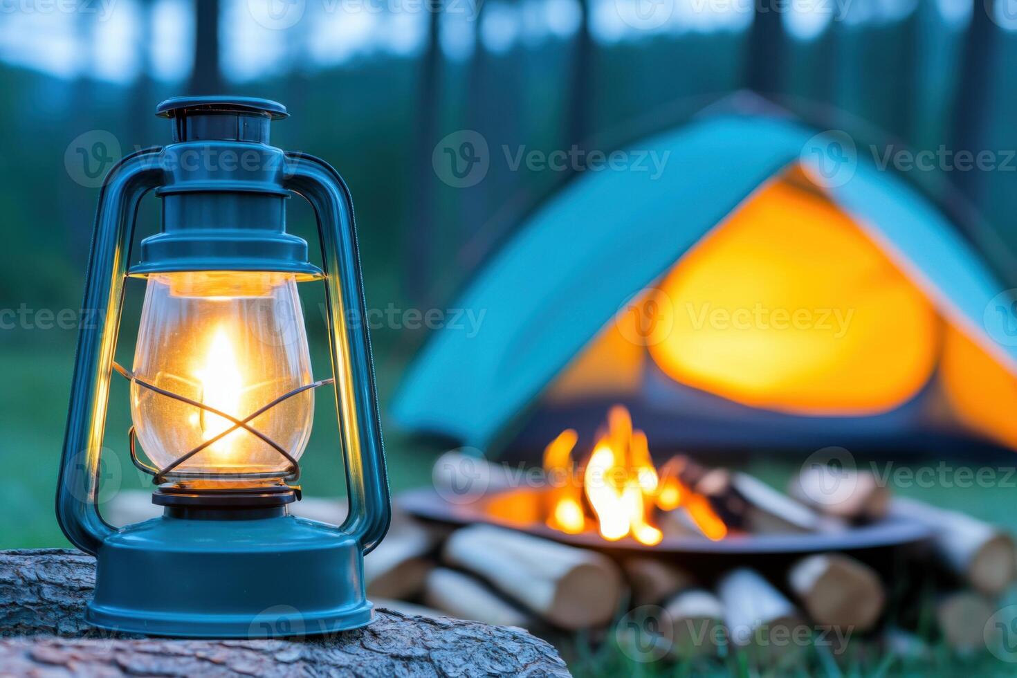 Cozy camping at dusk with a glowing lantern illuminating the olive green tent and warm fire pit surrounded by logs photo
