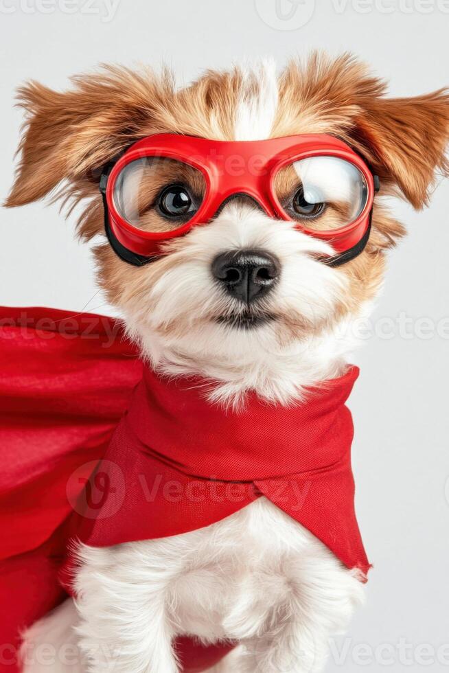 Comical superhero dog in a shiny red cape and playful goggles striking a dramatic pose against a neutral backdrop photo
