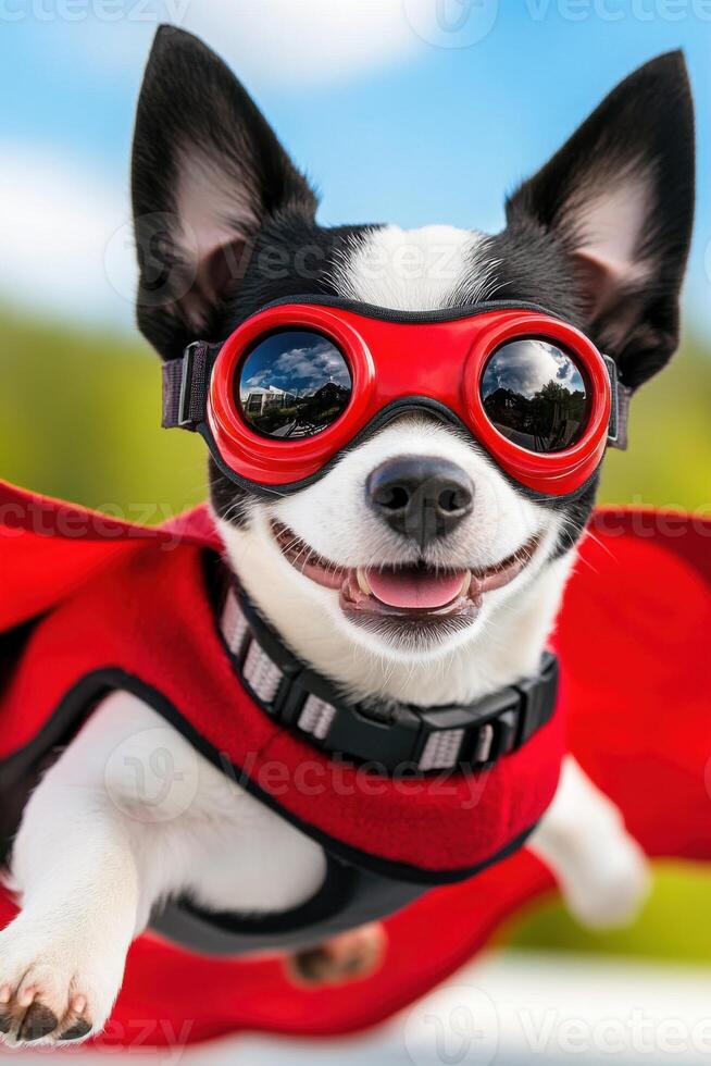 Comical superhero dog in a vibrant red cape and goggles striking a playful pose against a bright outdoor background photo