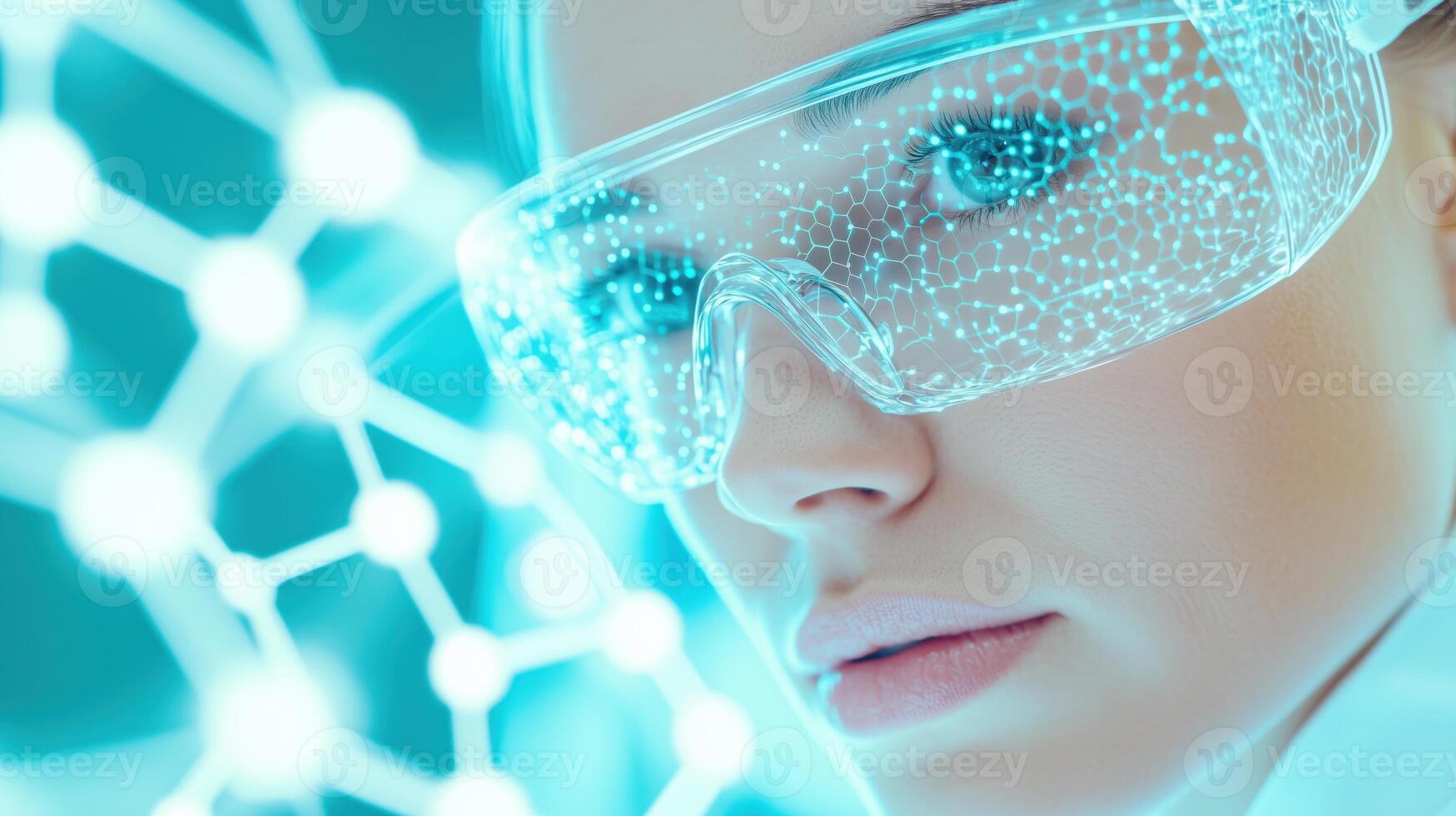 Scientist analyzes 3D pharmacokinetics molecular model using augmented reality glasses in a futuristic laboratory setting photo