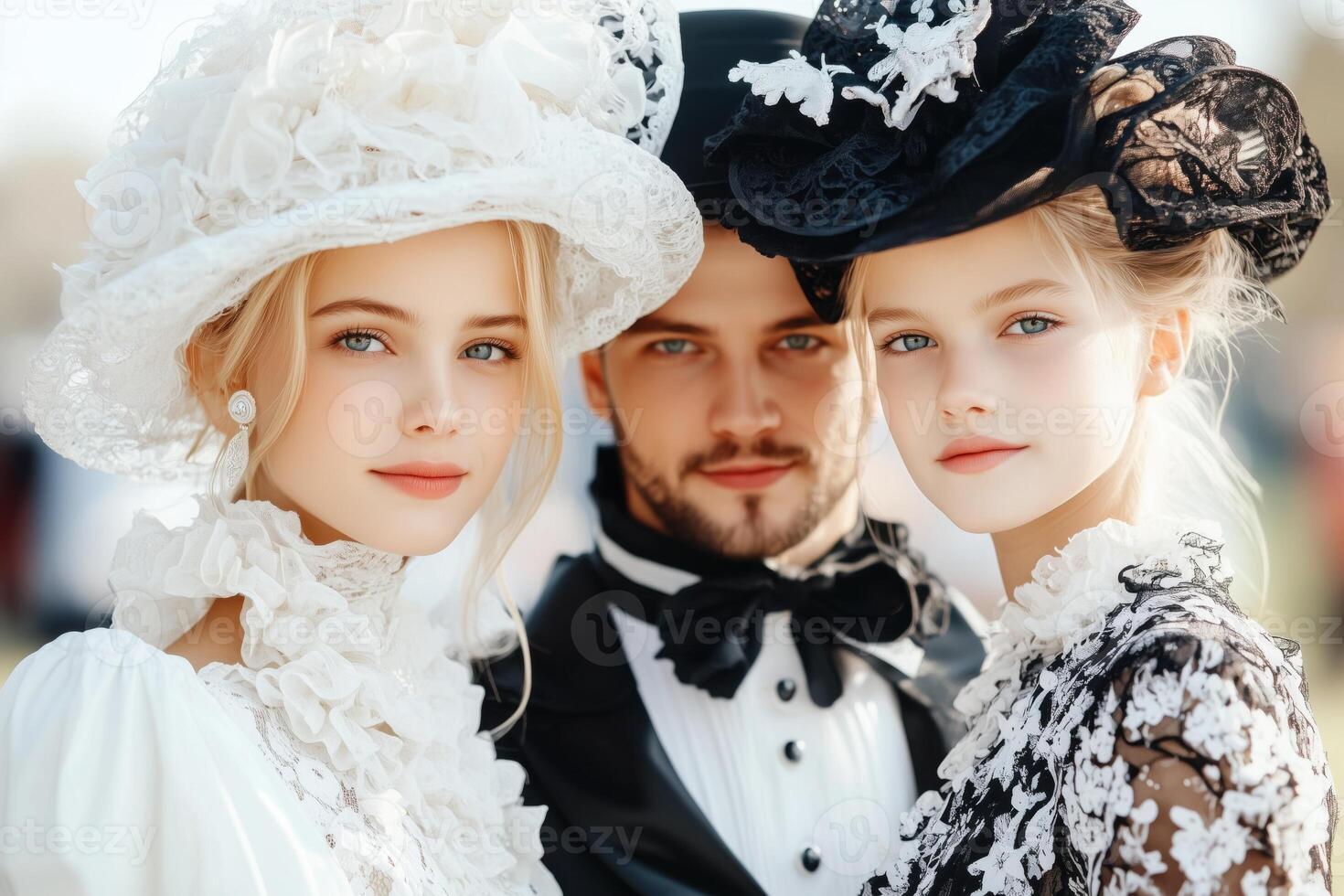 Family portrait featuring futuristic clothing inspired by Victorian-era fashion, blending traditional and modern styles photo