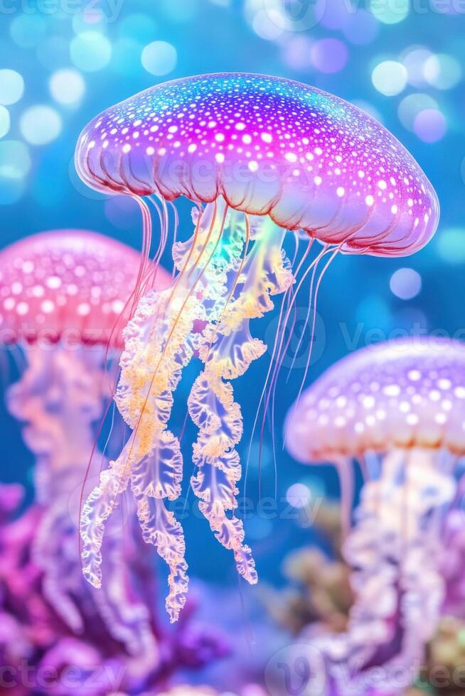 Surreal underwater scene with vibrant jellyfish glowing in rainbow colors among coral reefs and shimmering bubbles photo