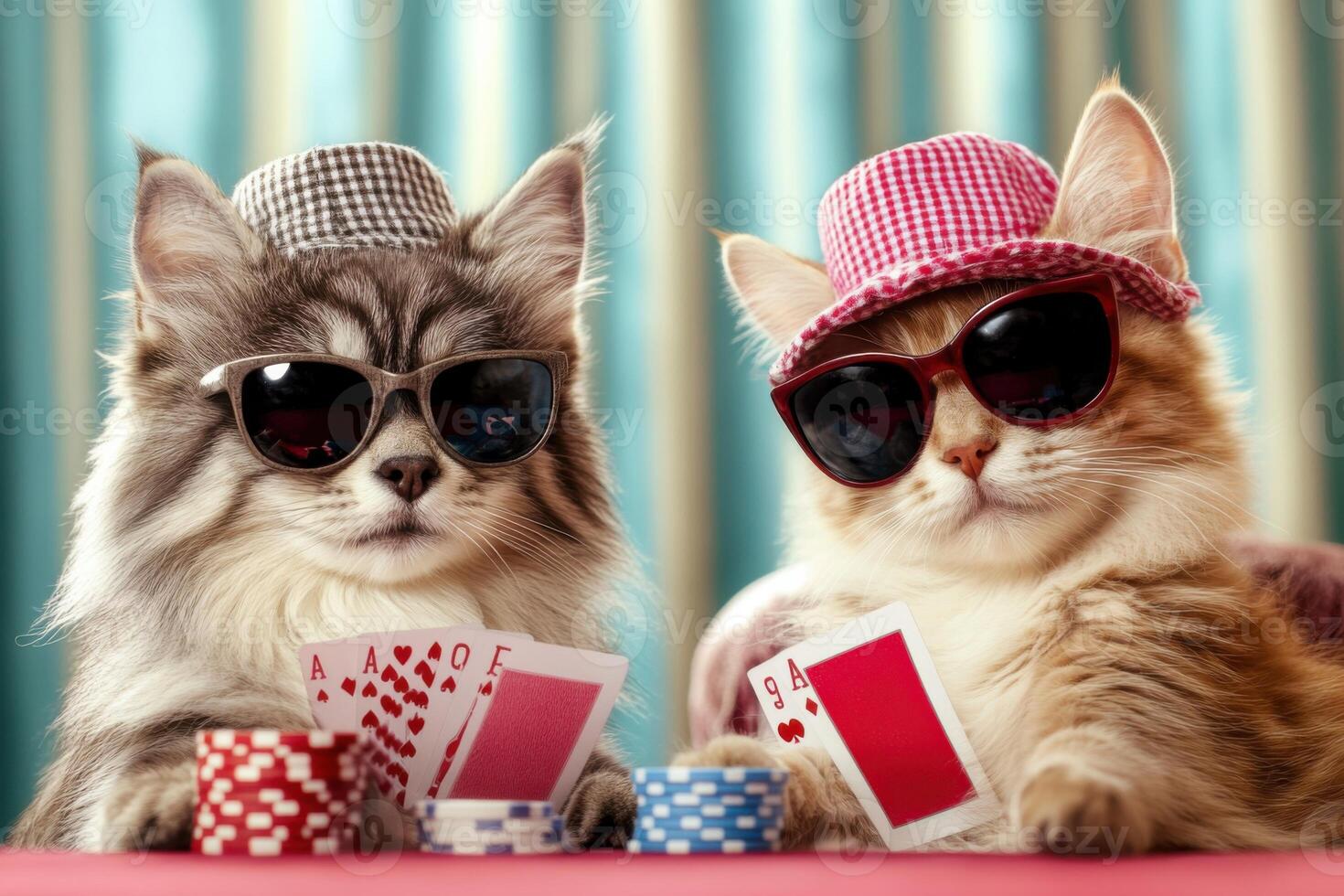 Dog and cat enjoy a humorous poker night at a cozy table, both wearing stylish sunglasses and hats while playing cards photo