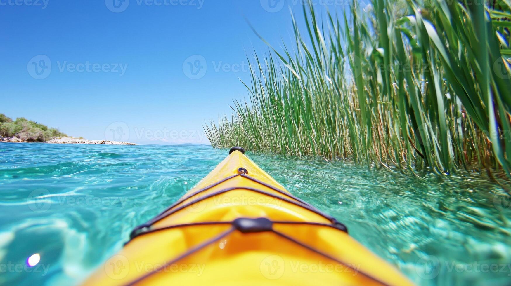 Kayaking on tranquil turquoise waters beneath a clear blue sky surrounded by lush green reeds photo