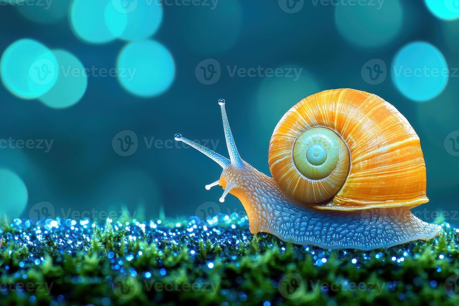 Snail with spiraling terracotta shell crawling on moss with dewdrops glistening in turquoise light photo