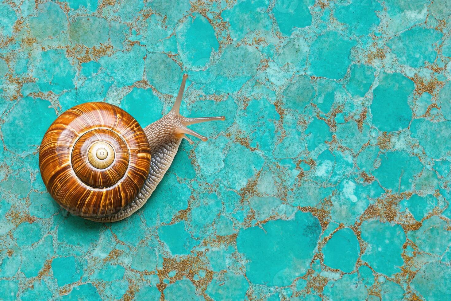 Snail exploring a mossy landscape with glistening dew on a vibrant turquoise background photo
