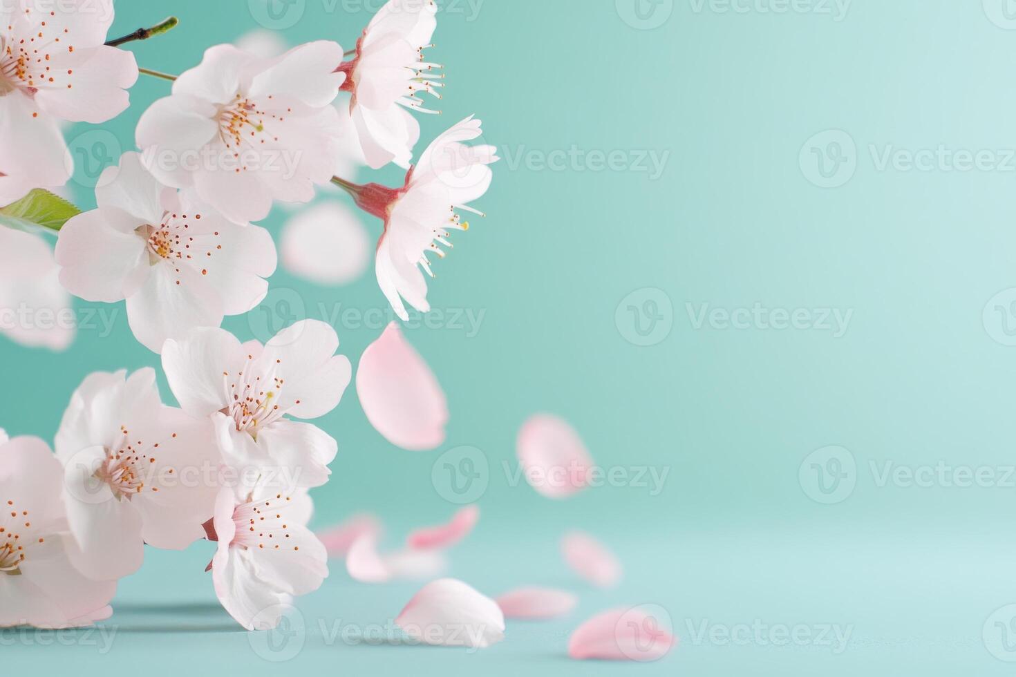 Cherry blossom petals gracefully fall onto a mint green surface with soft pink accents creating a serene and refreshing ambiance photo