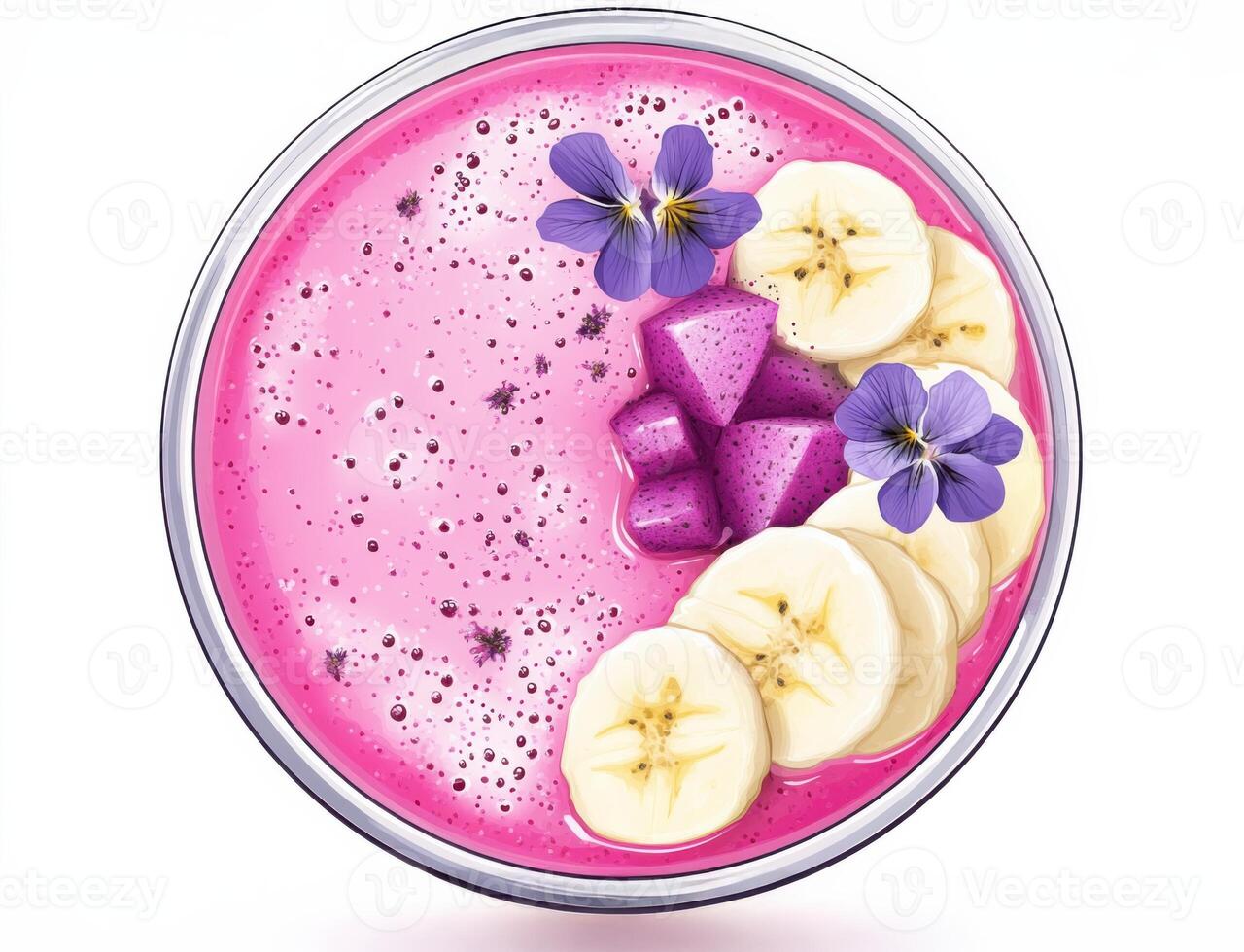 Vibrant smoothie bowl with pink hues, topped with banana slices and decorative flowers, served in a clear bowl on a clean white background photo