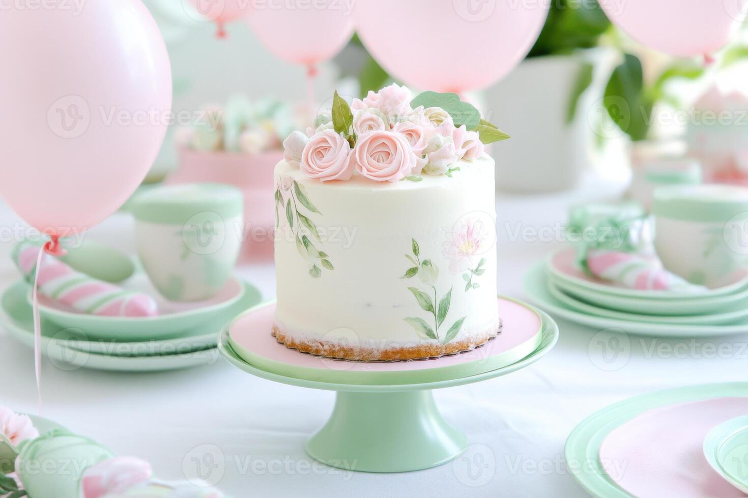 Charming baby shower setup with pink decorations featuring a beautifully designed cake and elegant tableware photo