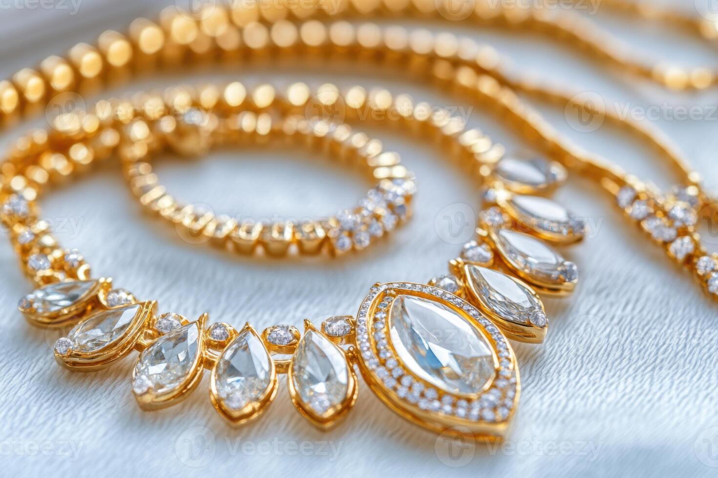 Luxurious flat lay of sparkling golden jewelry arranged elegantly on soft velvet fabric for a sophisticated display photo