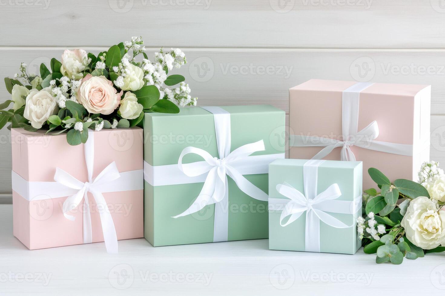 Colorful pastel gift boxes in mint and pink tones adorned with delicate white ribbons and fresh flowers create an elegant display for any occasion photo
