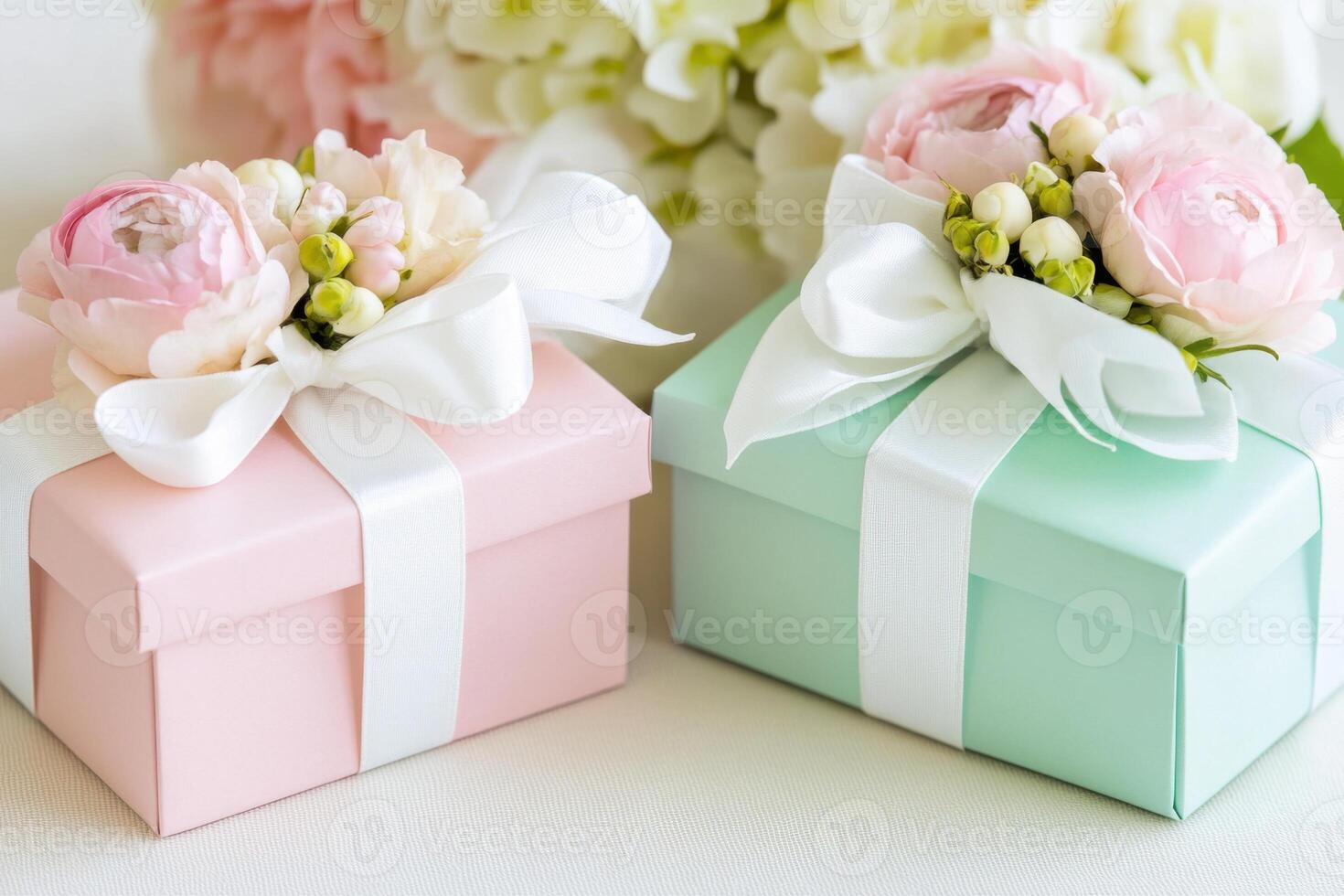 Pastel gift boxes in mint and pink tones adorned with delicate flowers and soft white ribbons creating an elegant display photo