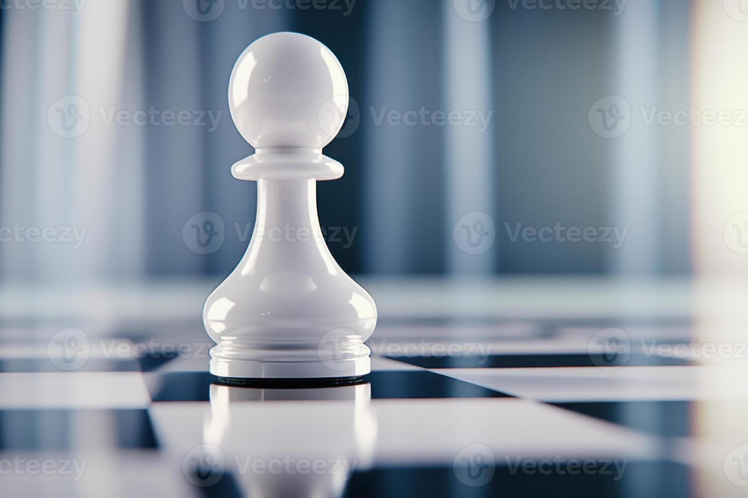 Close-up of a white pawn moving on a minimalistic chessboard with dramatic lighting and shallow depth of field during an intense game photo