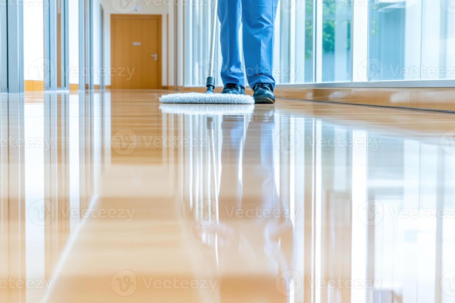 Janitorial staff member diligently mopping a polished hallway in a modern facility under soft natural lighting photo