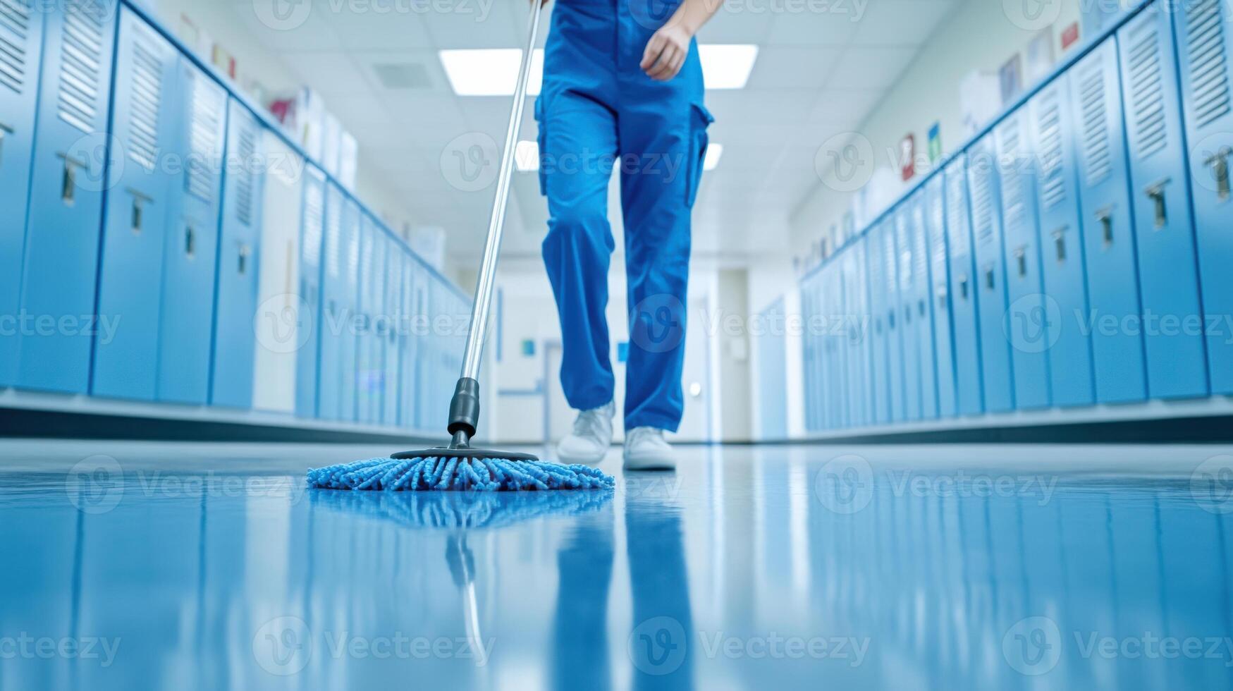 Janitorial staff member mops hallway in school setting with precision and care during a bright day photo
