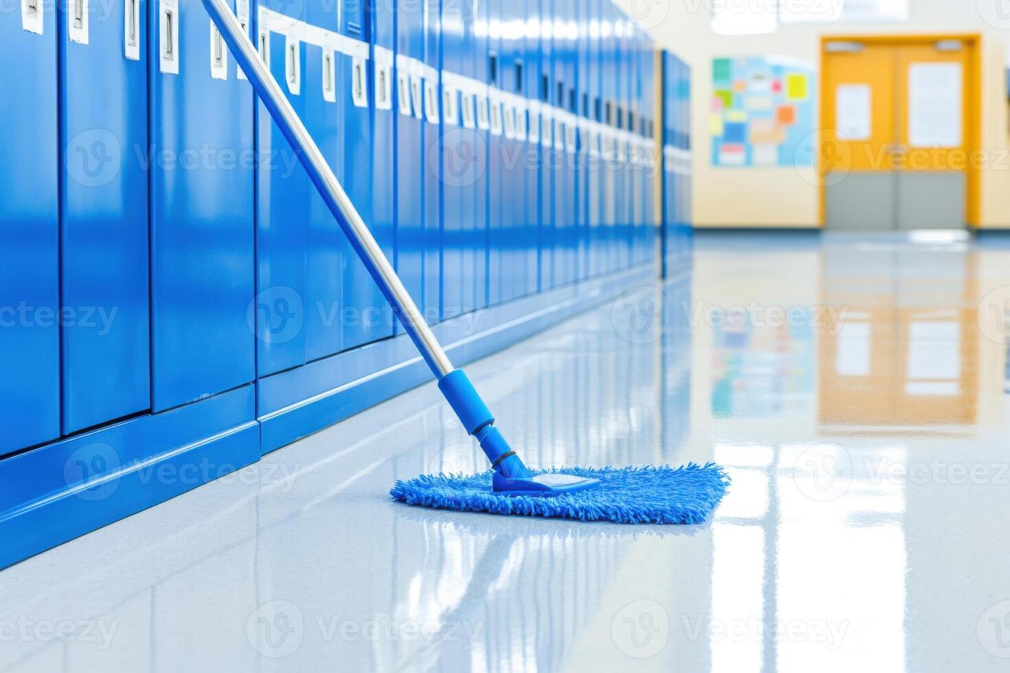 Janitorial staff member mopping a clean school hallway with bright lockers and bulletin boards in the background photo