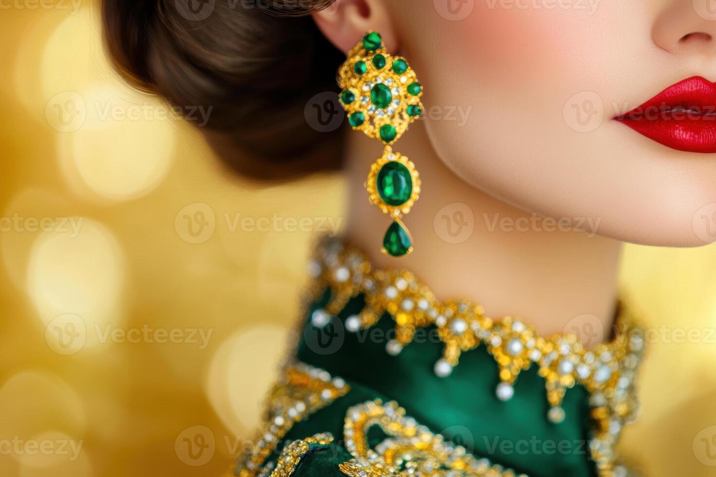 Bold runway fashion featuring a striking golden-green dress adorned with dark green accents and exquisite emerald jewelry during a high-end fashion show photo