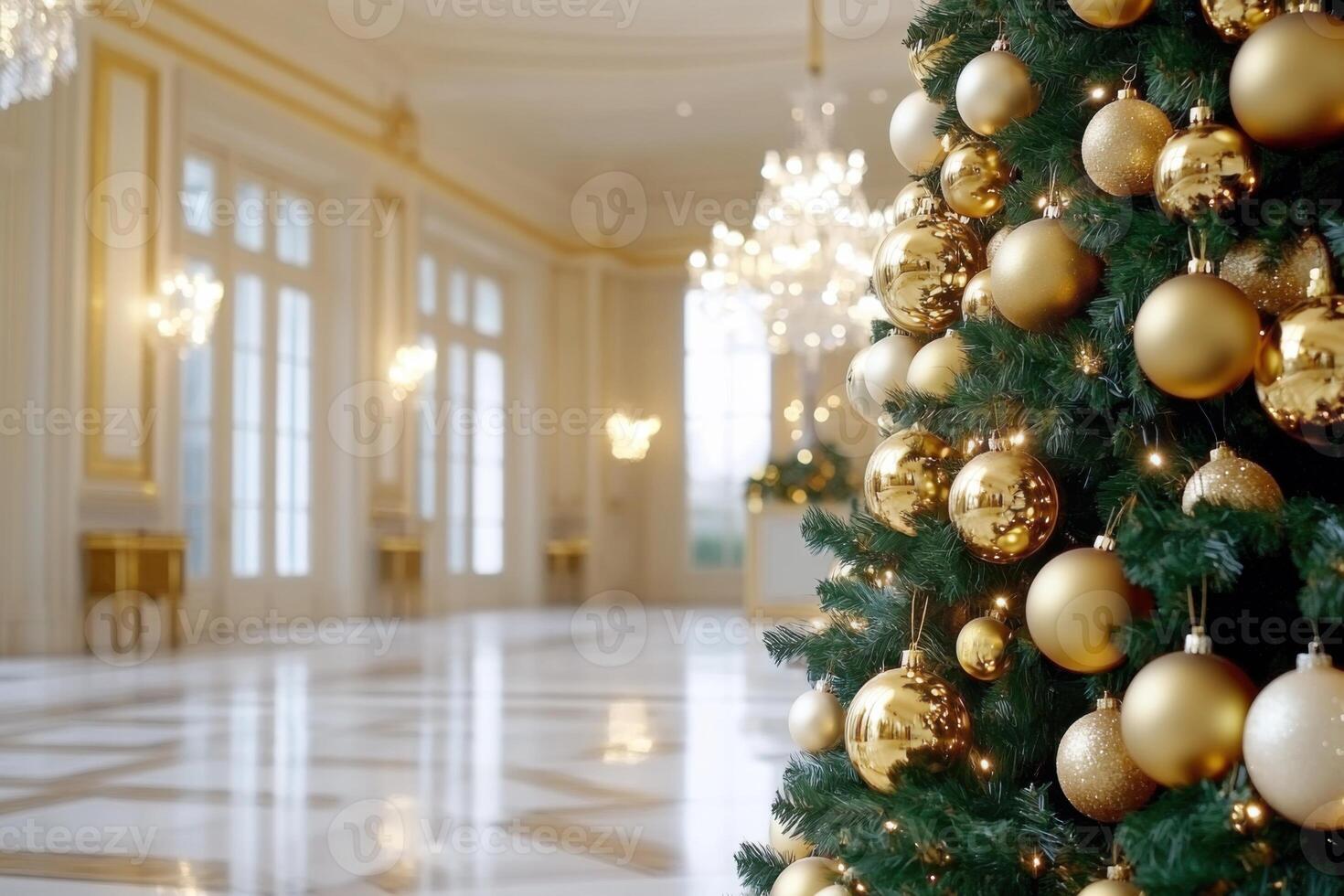 Opulent Christmas tree adorned with golden baubles and soft white lights in elegant room photo