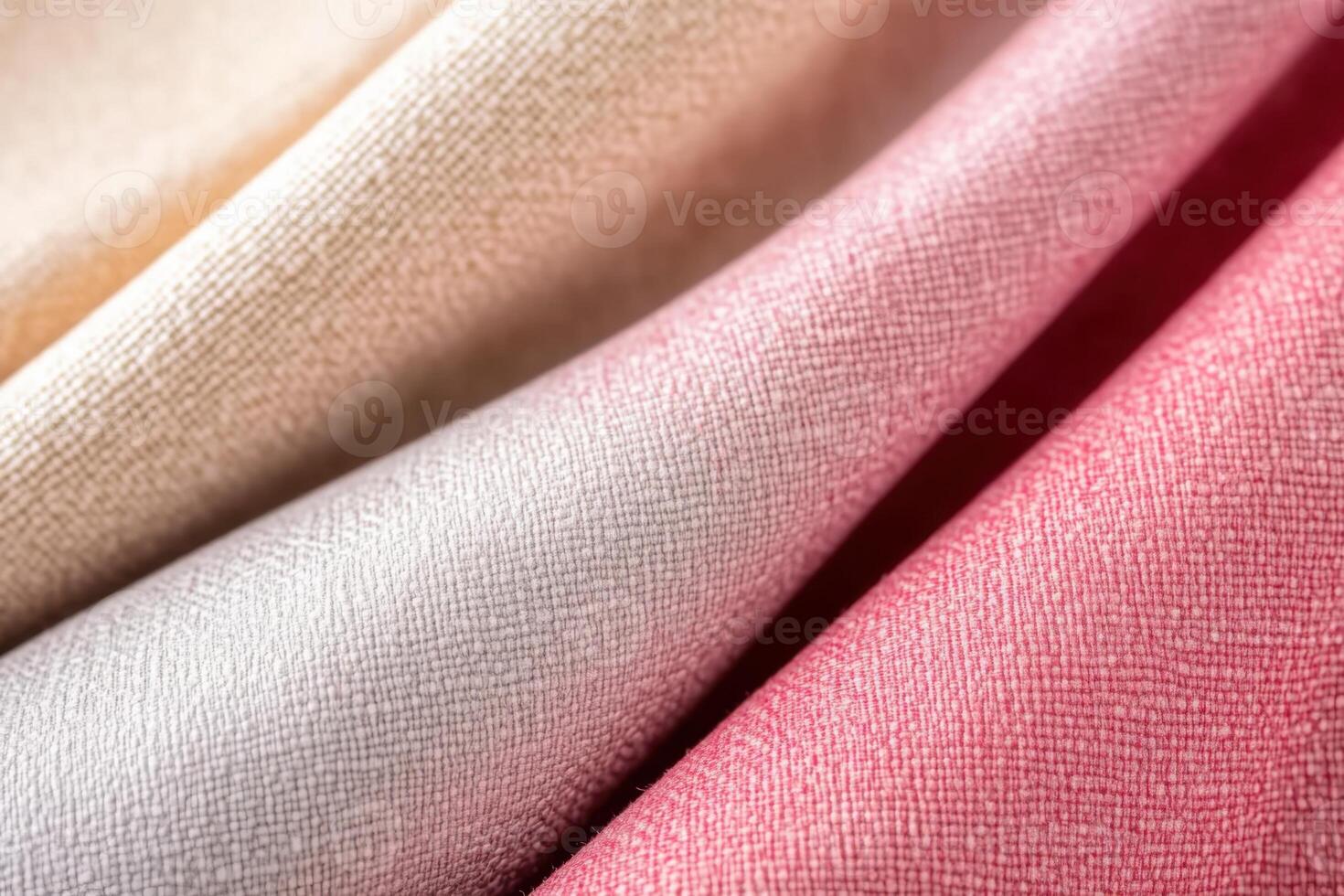 Textured fabric swatches in red, violet-gray, and beige tones arranged in a layered flat lay with soft natural lighting for a design project photo
