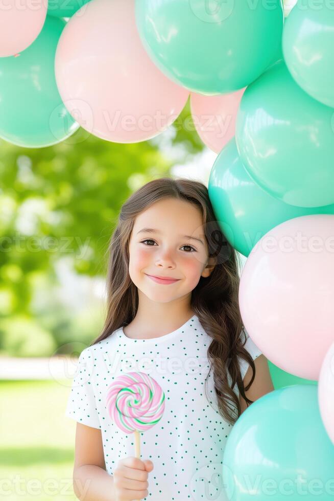 Child savoring a pastel pink lollipop surrounded by mint balloons in a joyful outdoor celebration filled with colors and childhood delight photo