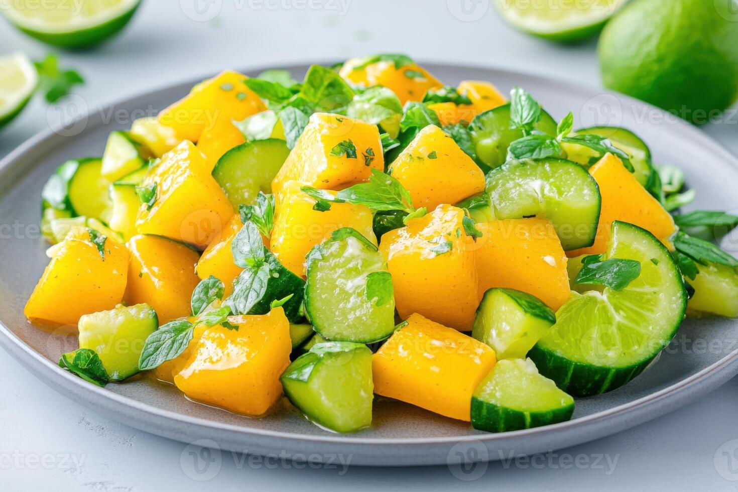 Fresh green salad with lime and olive-colored vegetables topped with creamy dressing on a gray plate in a bright setting photo
