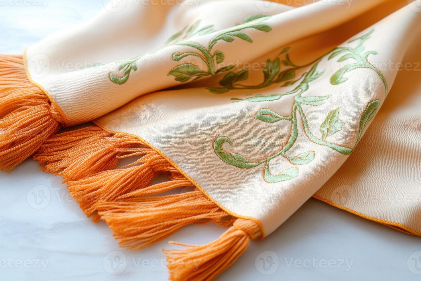 Pastel peach scarf with lime-green embroidery and orange tassels styled elegantly on a white marble surface photo