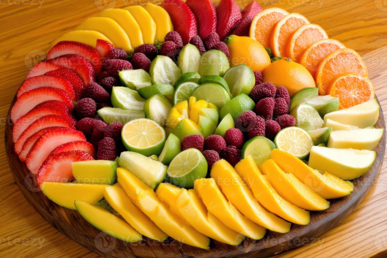 Refreshing tropical fruit platter featuring ripe oranges, mango, and lime slices beautifully arranged on a rustic wooden table photo