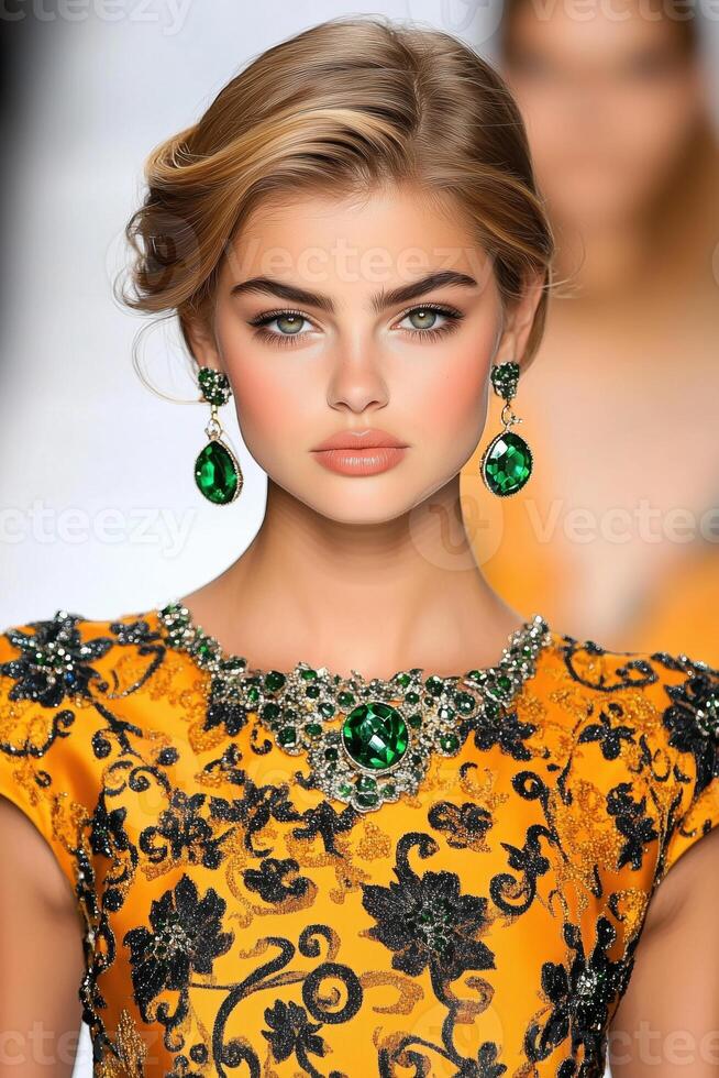 Bold golden-green dress showcased on runway with intricate design details and elegant emerald jewelry during fashion event photo
