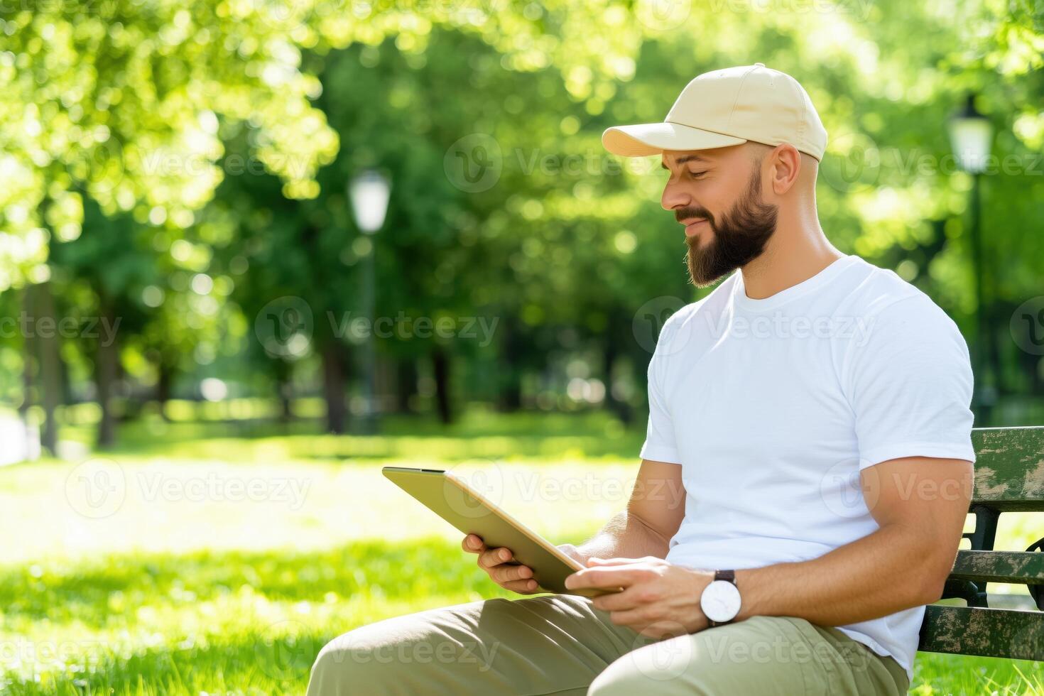 Man engaged in a call while sitting on a bench in a bright park setting during daylight hours, showcasing a relaxed and focused atmosphere photo