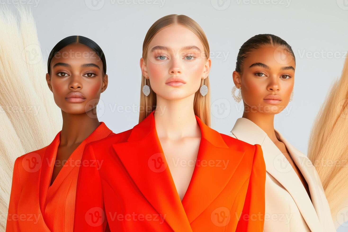 Modern fashion photoshoot with models showcasing vibrant coral dresses and elegant beige accessories against a minimalist backdrop photo