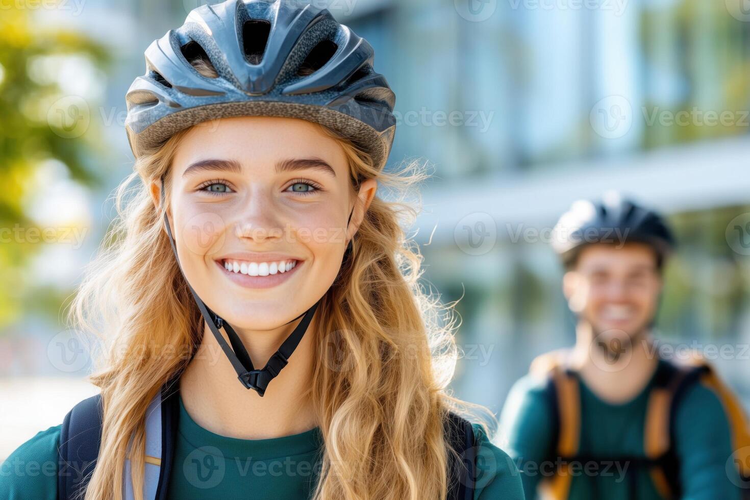 Young couple enjoys biking through university campus on a sunny afternoon, embracing fun and fitness together photo