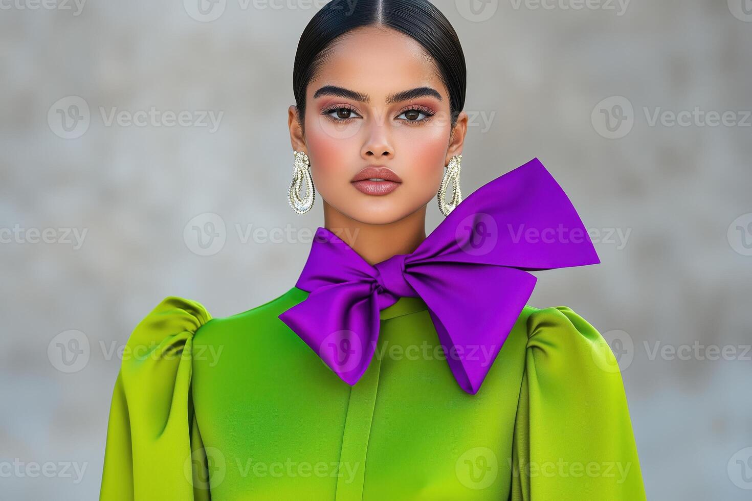 Model showcases elegant fashion in olive green dress with purple scarf and beige heels against a muted backdrop during a photoshoot photo