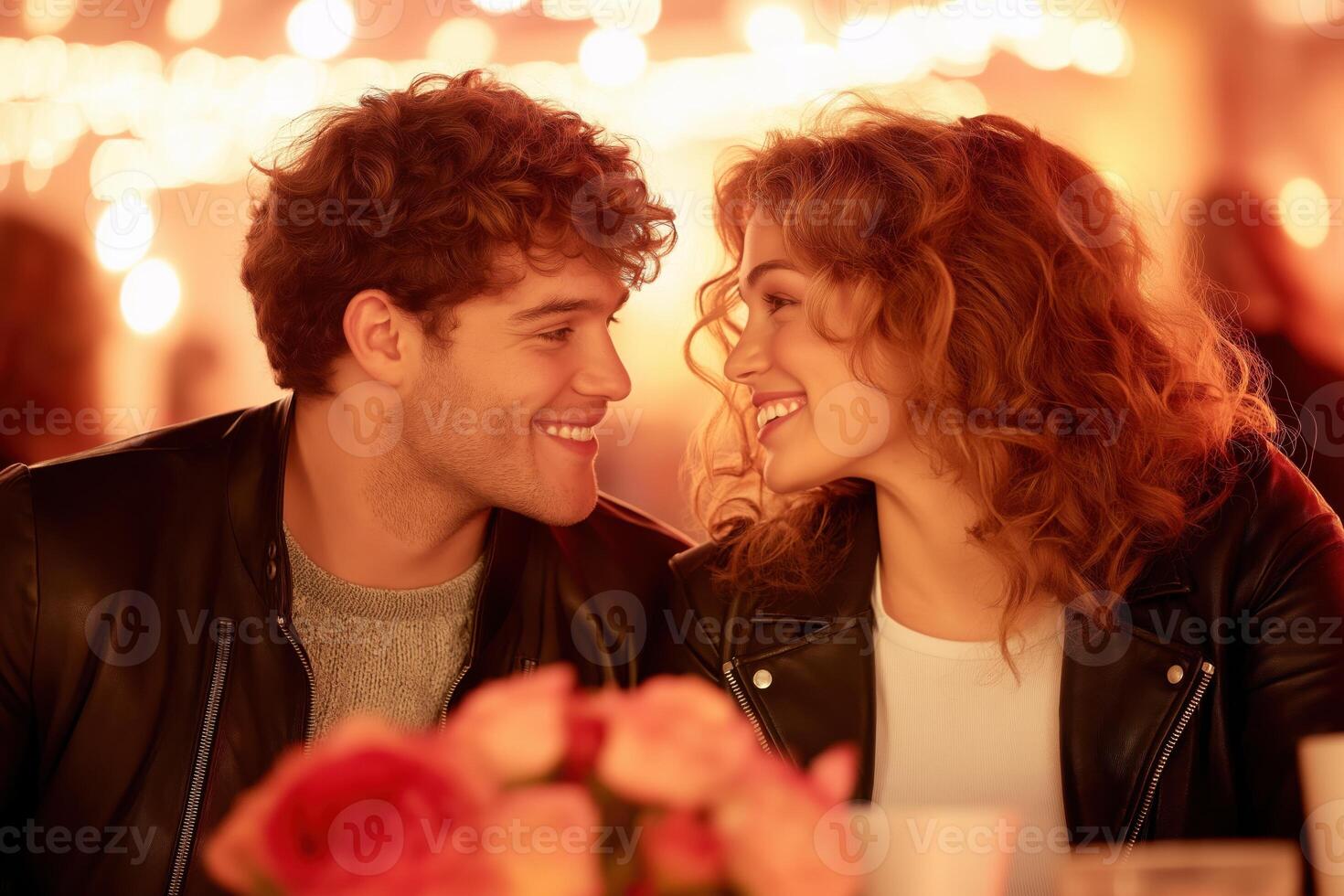 Couple sharing a romantic moment at a cozy cafe with flowers and warm lighting, capturing youthful love and connection in a minimalistic setting photo
