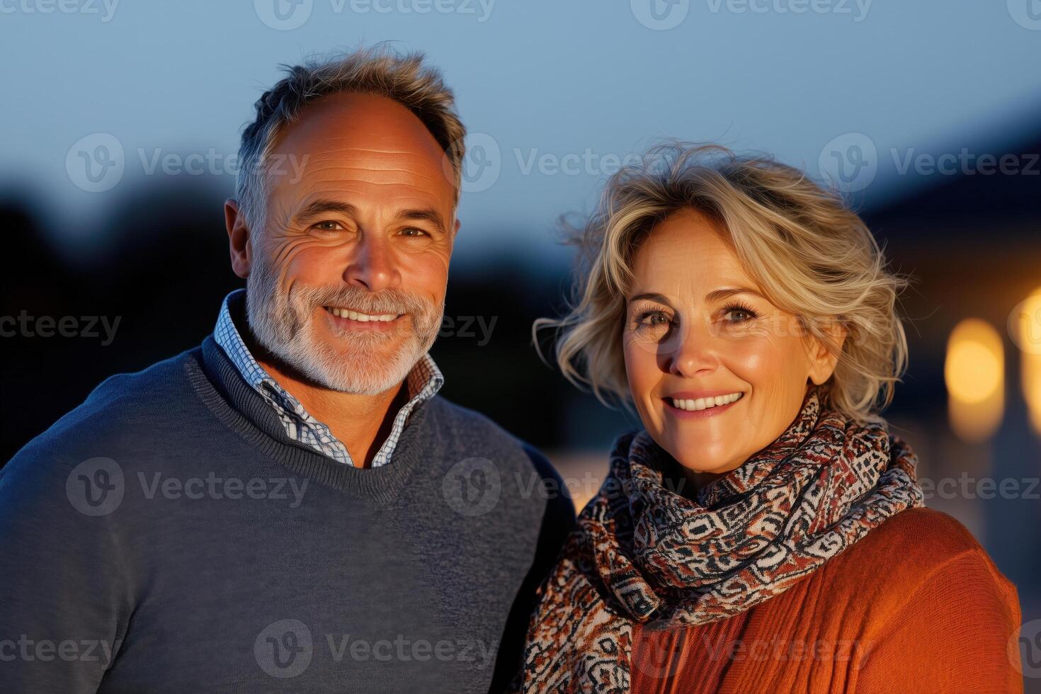Loving older couple enjoys an evening walk in a quiet neighborhood under soft streetlight glow photo