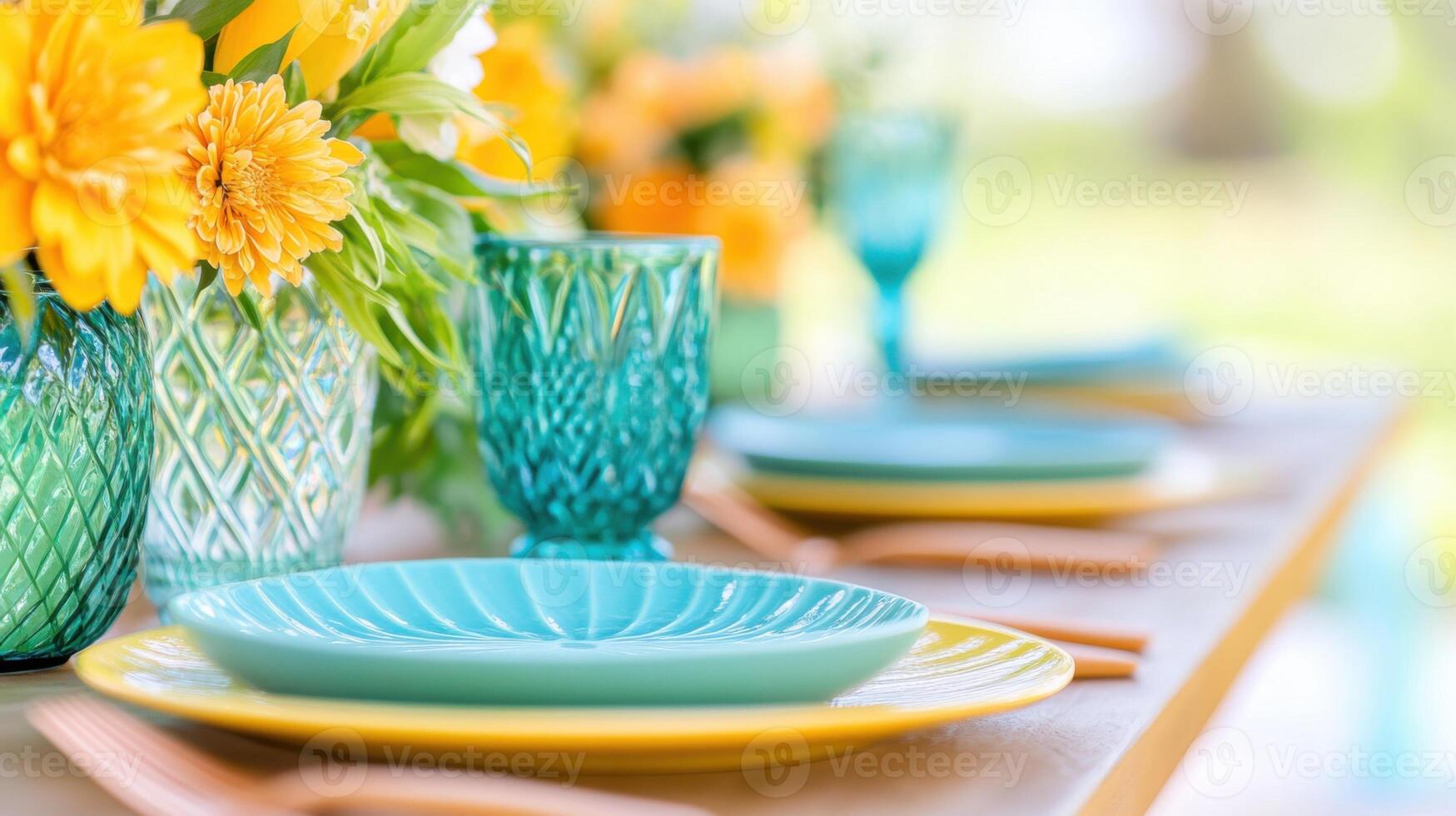 Brightly colored outdoor brunch table set in a garden with floral centerpieces and vibrant tableware on a sunny day photo