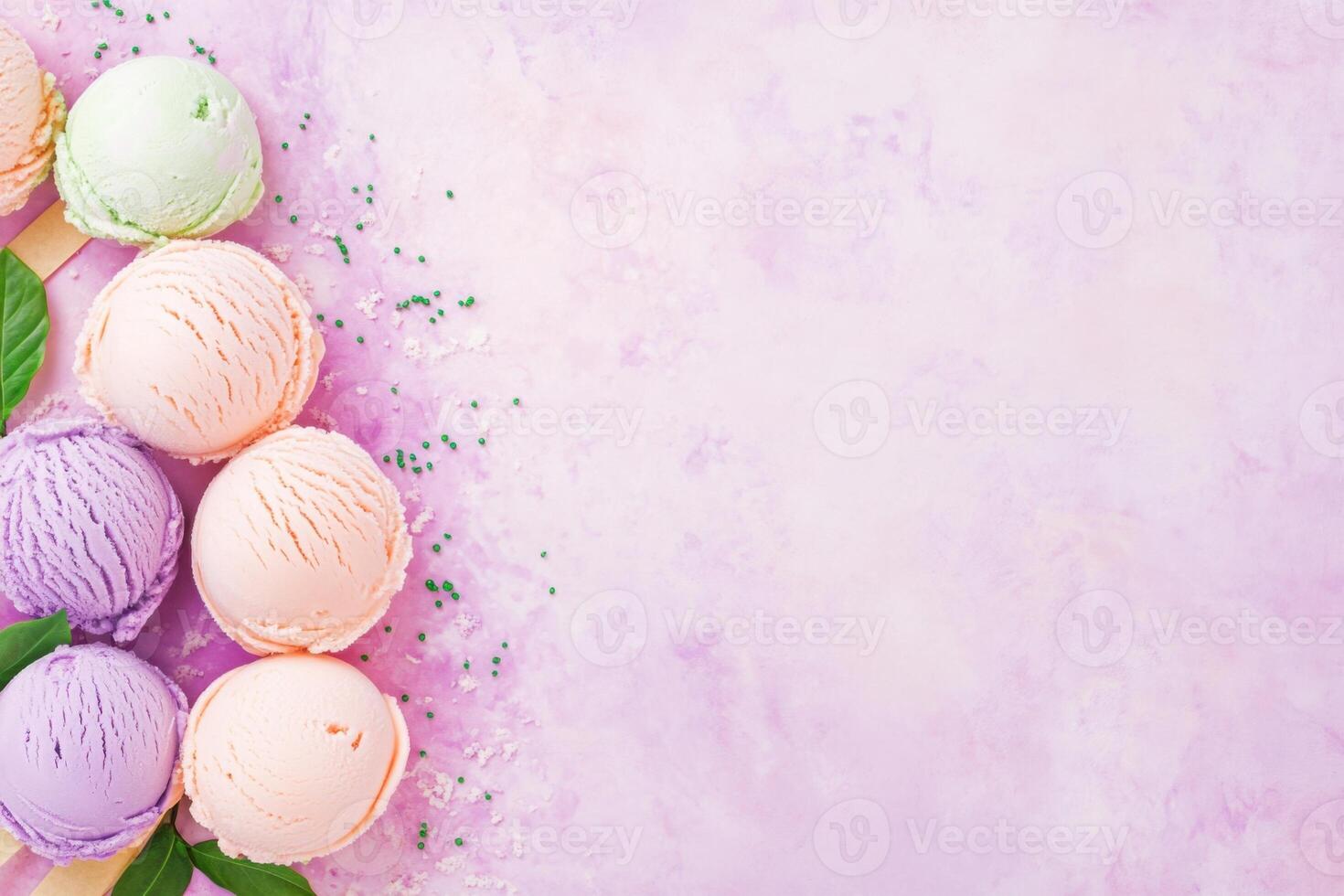 Vibrant pastel ice cream stand with lavender, peach, and pink scoops decorated with green sprinkles set in a bright summer ambiance photo