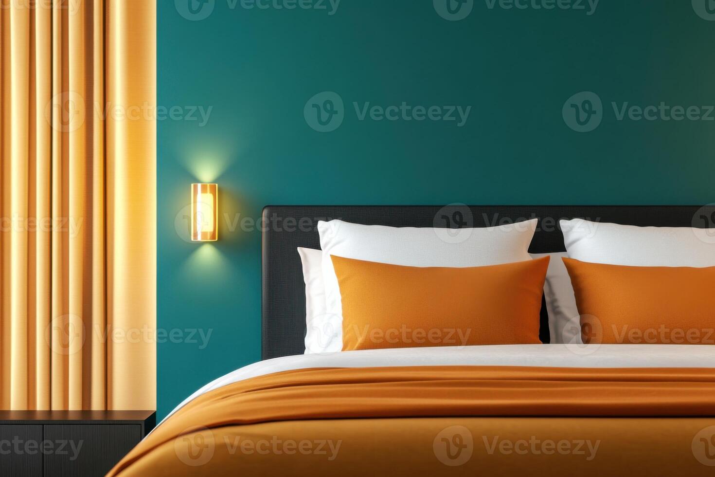 Elegant luxury bedroom design with teal feature wall, terracotta accents, and warm lighting creating a cozy atmosphere photo