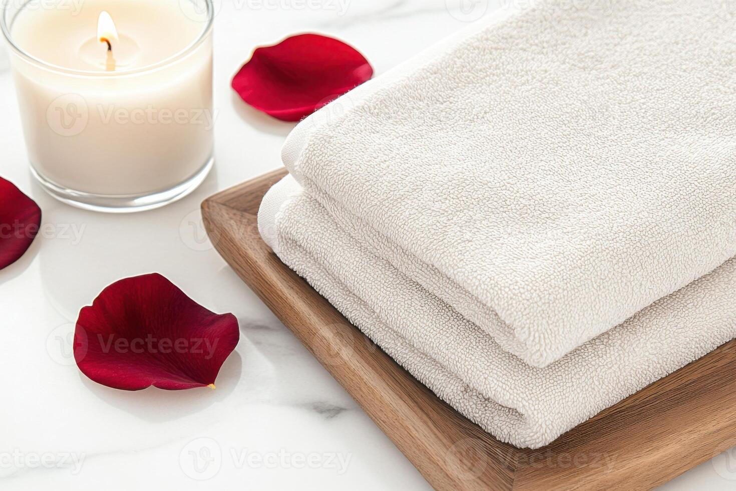 Relaxing atmosphere with luxury spa essentials featuring soft towels, calming candlelight, and maroon flower petals for a serene experience photo