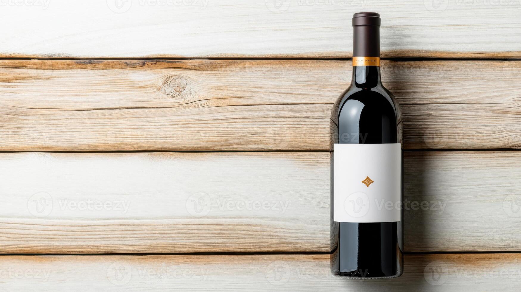 Luxurious dark burgundy wine bottle on a wooden table with light gray linen, exuding elegance and refinement for any sophisticated occasion photo
